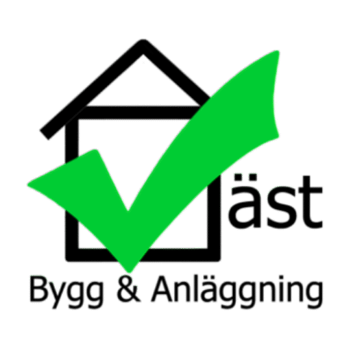 Logotyp f&ouml;r V&auml;st Bygg & Anl&auml;ggning AB, f&ouml;rest&auml;llande ett stiliserat hus i svart med en stor gr&ouml;n checkmark som symboliserar kvalitet och godk&auml;nd byggstandard.